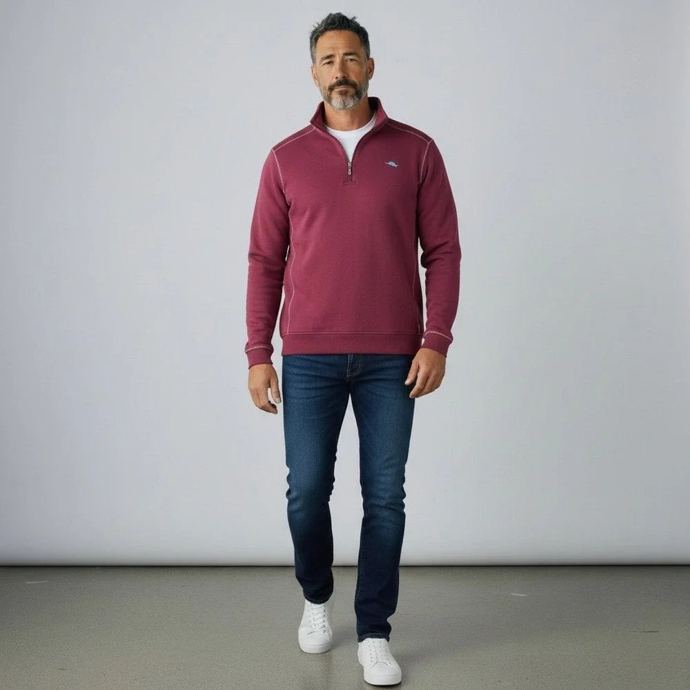 Tommy Bahama Relax Pullover XL Burgundy Quarter Zip Ribbed Marlin Logo Sweater